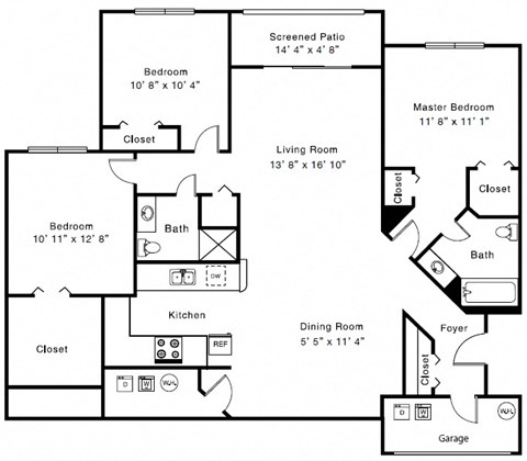 Floor plan for 3 beds, 2 baths, 1315 sqft